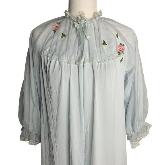 Vintage 50s Peignoir Robe Dressing Gown Lingerie M Blue Nylon Chiffon Lined - Picture 2 of 10